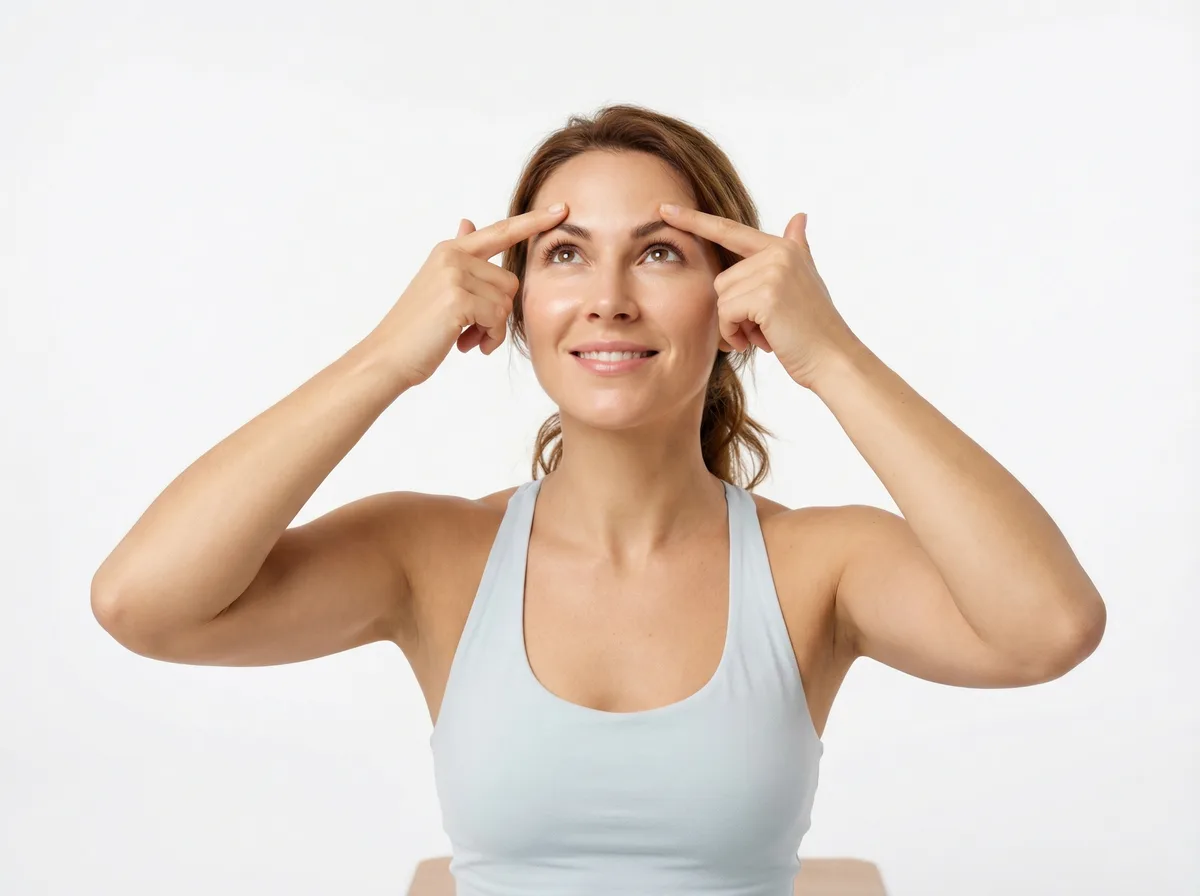 Woman performing face yoga exercise