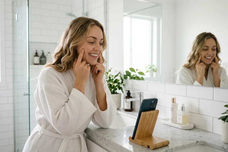 Woman following guided face yoga routine